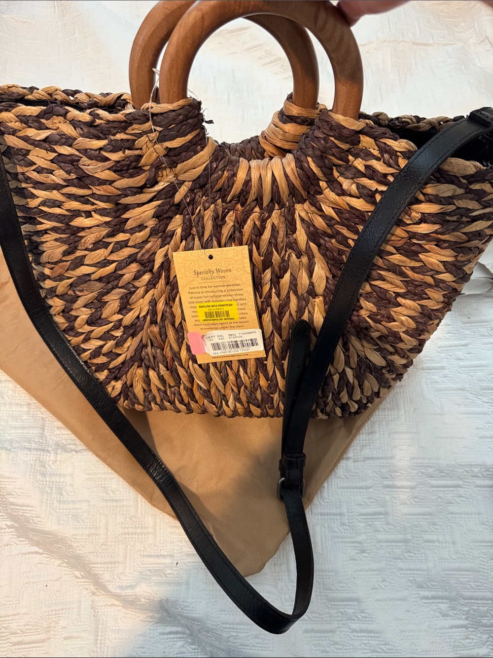 Patricia Nash Brown and Tan Braided Straw Tote with Wooden Handles - Picture 5 of 6